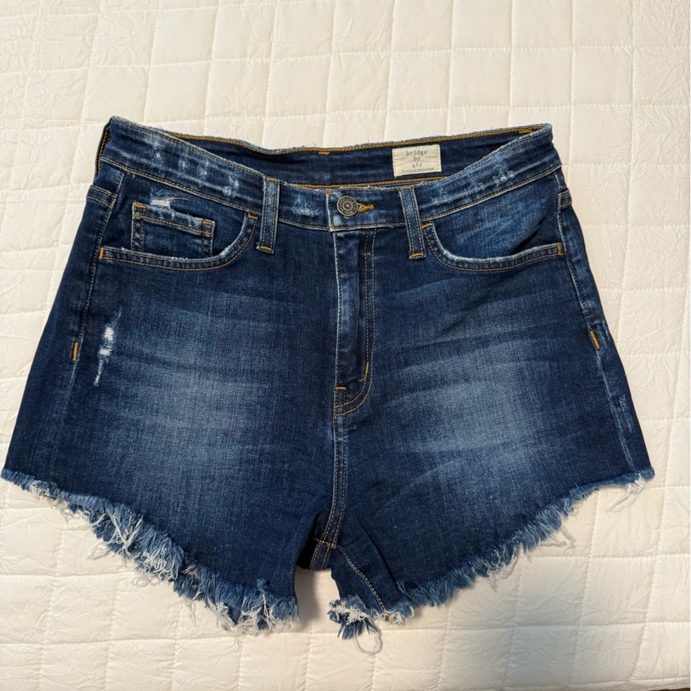 Dark Wash Jean Shorts with Frayed Hem and Distressed Look
